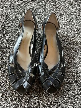 cloudwalkers Black Leather Peep-Toe Heels with Woven Upper size 10 staple